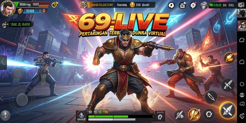 Tampilan pertarungan seru dalam 69LIVE dengan karakter beraksi.