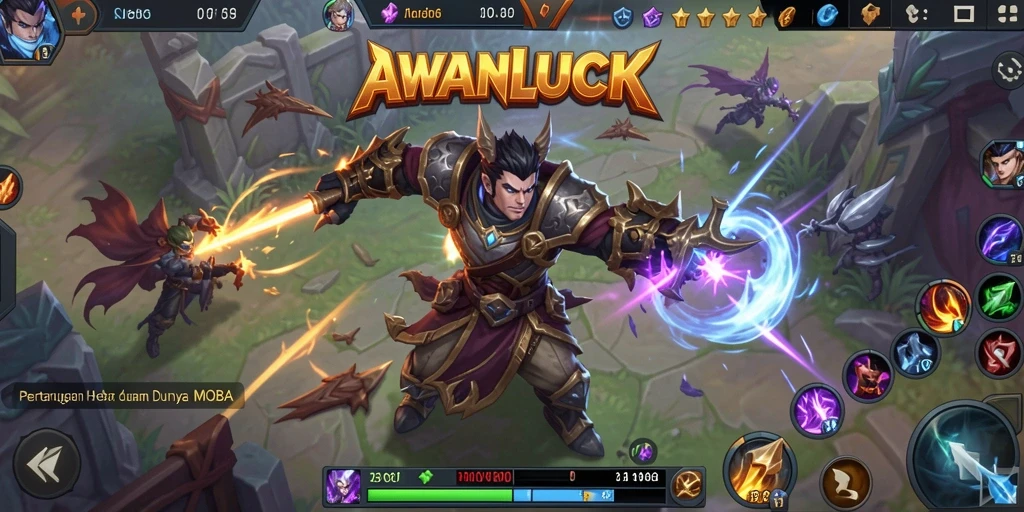 Tangkapan layar gameplay AWANLUCK dengan pertarungan seru di arena.