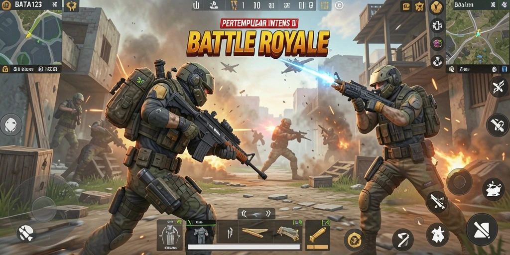 Tangkapan layar gameplay intens dalam BATA123 dengan aksi Battle Royale.