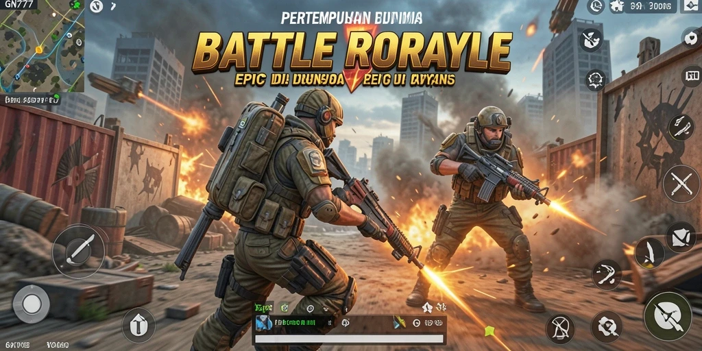 Screenshot gameplay GN777 menampilkan aksi seru dalam pertempuran Battle Royale.