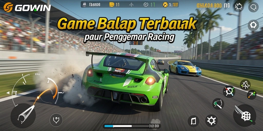 Gameplay seru GOWIN dengan mobil balap di lintasan.