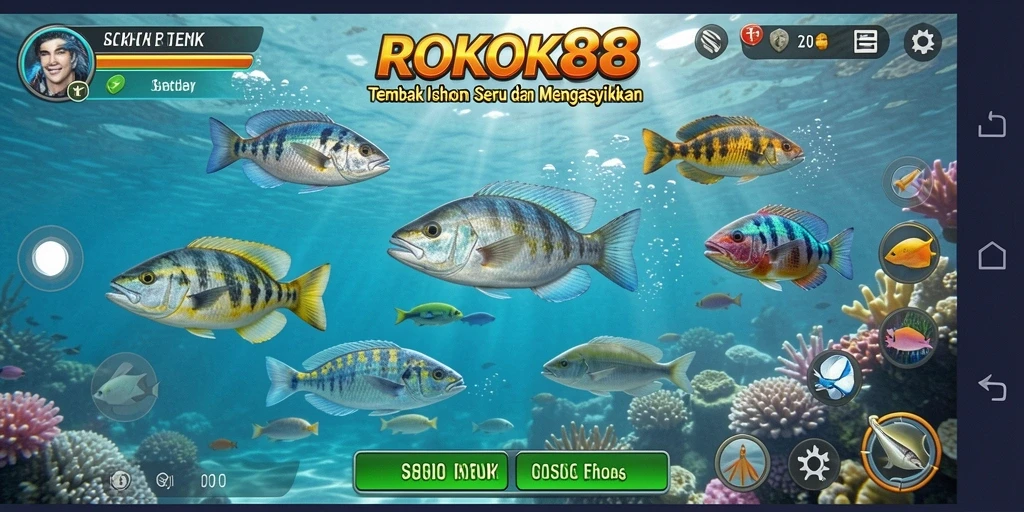 Gameplay seru ROKOK88 menembak ikan di lautan.