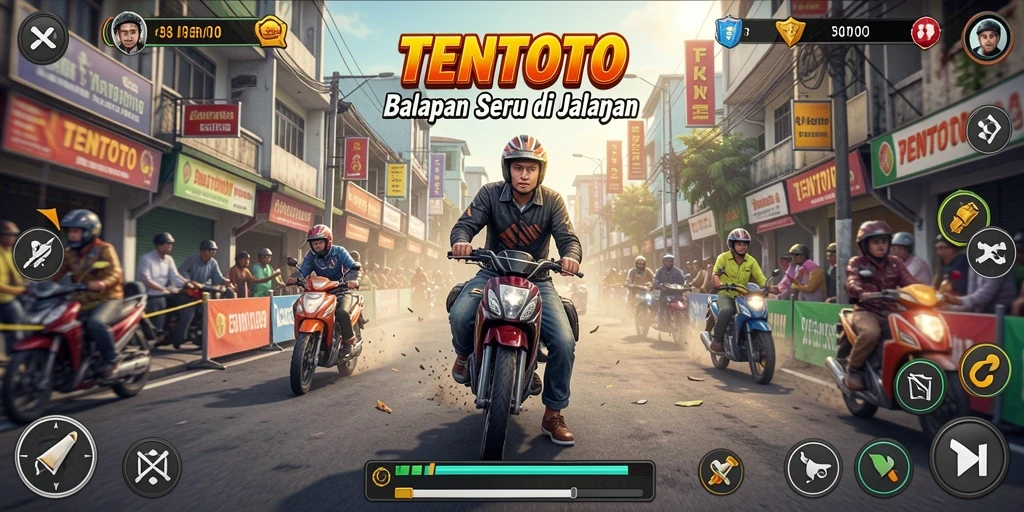 Screenshot gameplay TENTOTO menampilkan momen balapan yang intens.
