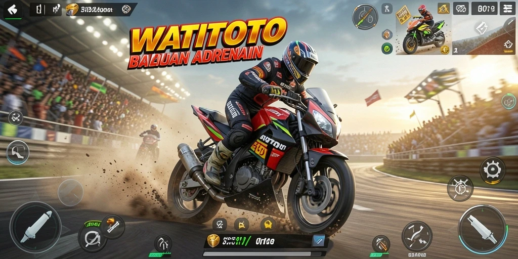 Tampak layar permainan WATITOTO dengan aksi balapan motor yang mendebarkan.